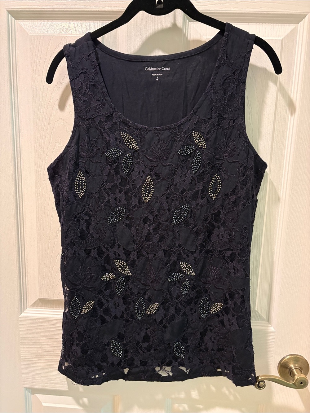 Coldwater Creek Navy Lace Beaded Sleeveless Tank
